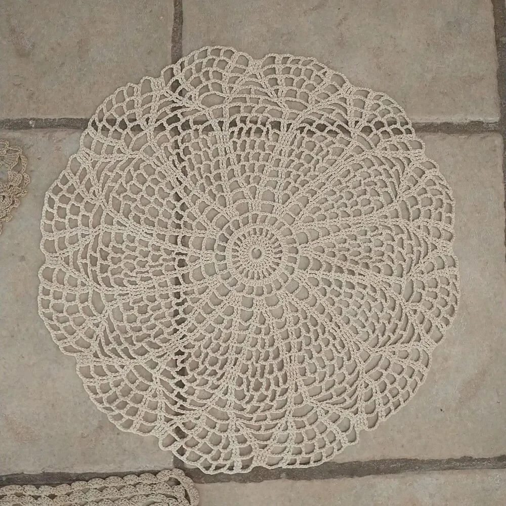 Vtg Handmade Crocheted Dollies White Beige Round Square Star Crafters Lot Of 3